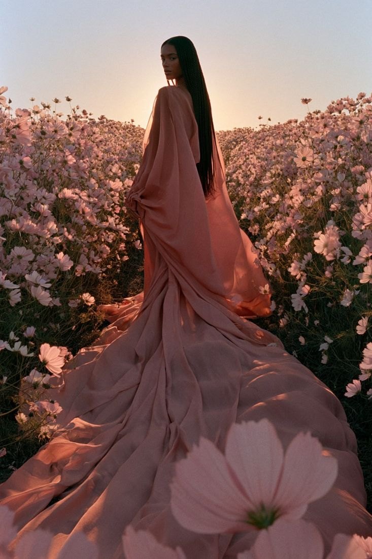 Mulher de vestido rosado longo num campo de flores